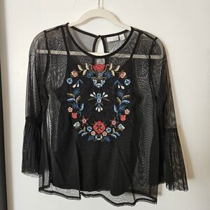 Embroidered Black Sheer Top